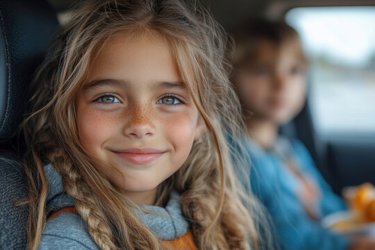 Little girl sitting in car backseat.