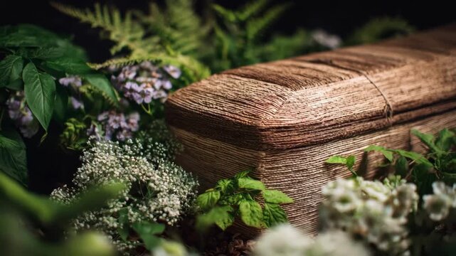 Medium shot of an ecofriendly coffin made from natural biodegradable materials showcasing sustainable choices for burial services.