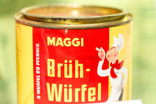 Vintage maggi bouillion cubes tin with retro chef character