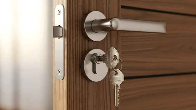 Modern wooden entrance door with brushed metal hardware | Keys inserted in cylinder lock for home security access | Detailed close-up of contemporary interior door handle