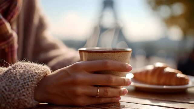 A person holds a cup of coffee while sitting at a table. In front of them is a croissant. The Eiffel Tower is seen in the background. This scene captures a relaxing moment on vacation.