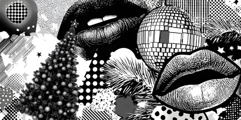 Christmas tree and lips halftone collage sticker set on white background holiday lifestyle graphic design