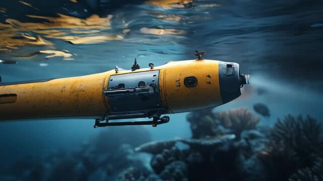 Medium shot of an unmanned underwater vehicle navigating the ocean depths capturing realtime data for naval reconnaissance missions.