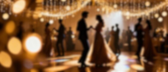 Fototapeta premium Blurred shining party background with people and bokeh lights, festive crowd celebrating at night club or bar, abstract entertainment scene, cinematic motion, joyful event atmosphere