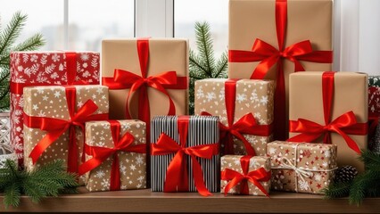 a collection of wrapped christmas presents with red ribbons and bows on a wooden table