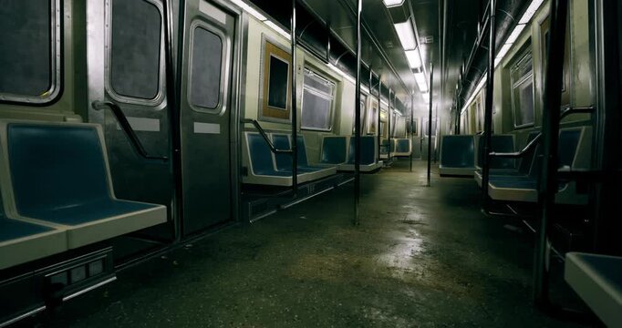 Empty subway car reveals an eerie ambiance during late night hours. Dim lighting and neglected seats create a sense of solitude in a bustling urban environment.