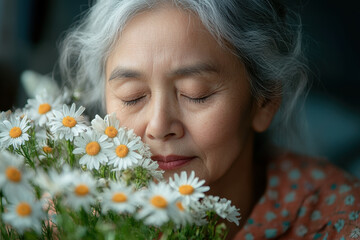 Naklejka premium An older woman smelling a bunch of dai dai dai dai dai dai dai dai dai dai dai dai dai.