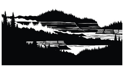Obraz premium Black and white silhouette of a layered landscape with pine trees mountains and water nature