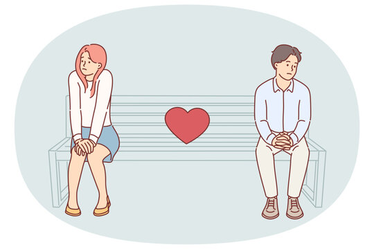 Shy couple on first date, sitting on park bench and feeling awkward due to lack of common interests