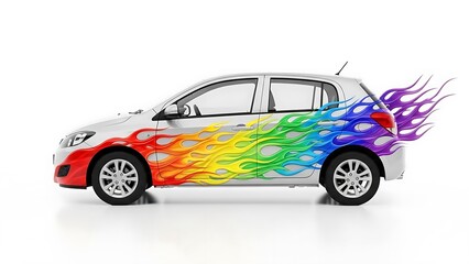 Silver hatchback car with colorful rainbow flames design, against a clean white background