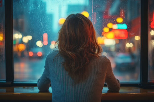 Woman gazing out night window. - Powered by Adobe