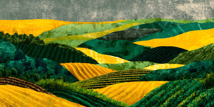 Wavy green and yellow wheat field landscape texture collage agriculture nature pattern