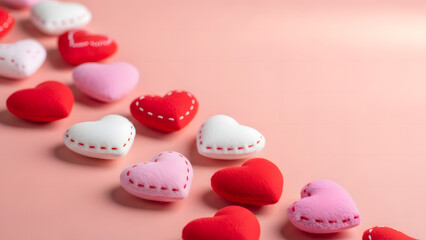 Fototapeta premium Heart shaped pink and white sugar candies arranged as sweet love themed treats on a clean background