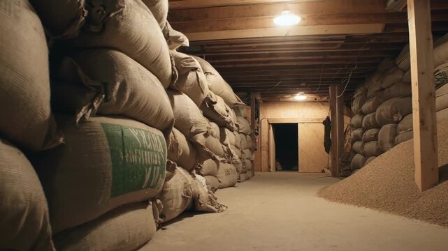 Medium shot of sawdust being packed into sterilized bags to prepare an optimal base for mushroom spawn production
