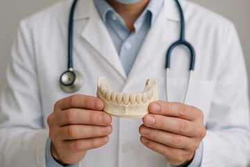 Unrecognizable doctor holding dental model with upper veneers showing teeth prosthesis concept