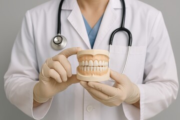 Unrecognizable doctor holding dental model with upper veneers showing teeth prosthesis concept
