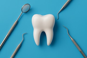 White tooth and dental tools on blue background celebrating International Dentist Day