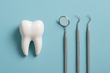 Dentistry concept Tooth model and dental instruments on colored background with space for text for oral care design
