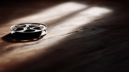 Close-up of antique film reel on wooden surface, dramatic shadows, representing Sundance Film Festival and indie cinema