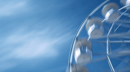 Giant Ferris wheel in motion, circular path visible, contrasting with vivid blue sky, daytime scene