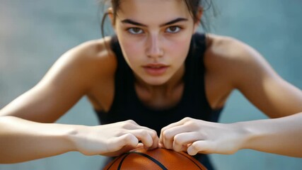 Female athlete concentrating intently on basketball with eyes closed, showing her commitment to training and sports focus.