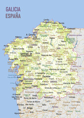 Map of Galicia, Spain, and parts of Portugal. The map features various cities, towns, and geographical features labeled in a clear, legible font. The color scheme includes shades of beige
