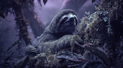 Obraz premium Sloth clinging to moss-covered branch in dense jungle