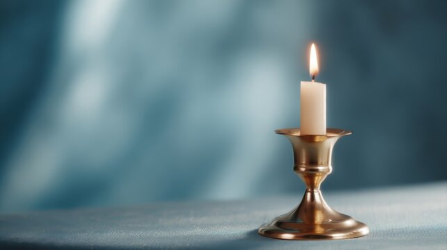 Elegant candle burning in a golden holder, soft candlelight glow, still life composition against a blurred blue background