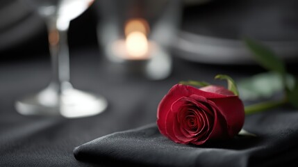 Romantic dining scene with red rose on black tablecloth, intimate Valentine is Day or birthday celebration setting
