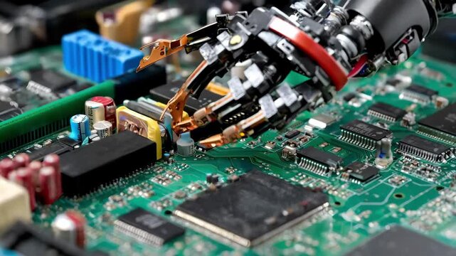 Medium shot of a robotic repair assistant using micro grabbers to manipulate tiny components on electronic circuitry showcasing precise automated repairs in a hightech environment.