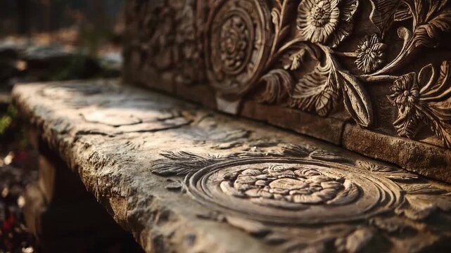 Medium shot of a stone memorial bench featuring intricate carvings blending natural textures with heartfelt tributes in a serene outdoor setting