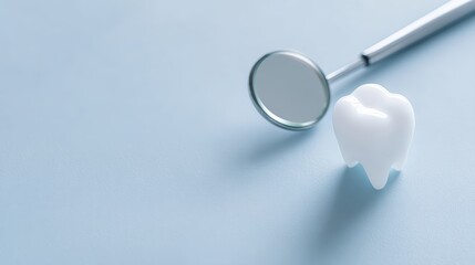 Dental examination concept: tooth and mirror on blue background, clinical and educational style