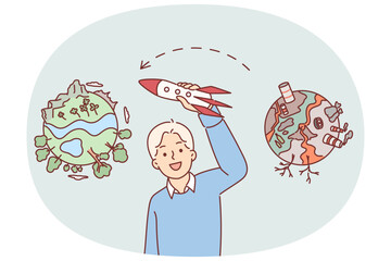 Boy dreams ecological migration, which will allow to leave polluted planet and fly away on rocket