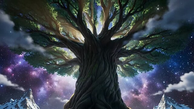 Majestic fantasy World Tree with glowing roots and runestones, surrounded by snow mountains under a vibrant galaxy sky. Ancient nature, magic, spirituality, cosmic energy, mythology,