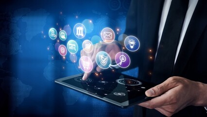 Set of business and digital service icons representing finance, cloud, analytics, email, communication, ecommerce, cybersecurity, and global connectivity in a modern ecosystem Marrow