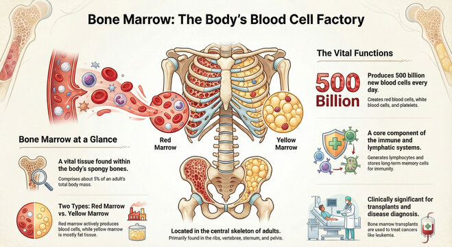Educational bone marrow infographic showing red and yellow marrow, blood formation, and immune role.