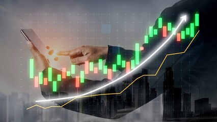 A businessman uses a smartphone to analyze stock market data, displaying a rising graph and candlestick chart, symbolizing financial growth in an urban setting. Copula