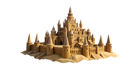 Sand castle with multiple towers on white background isolated on a transparent background sculpture beige