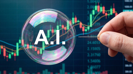 Artificial Intelligence Economic Bubble Concept with Hand Pointing Needle at AI Soap Bubble over Financial Stock Market Charts