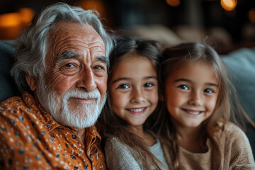 Older man sitting with young girls on couch.