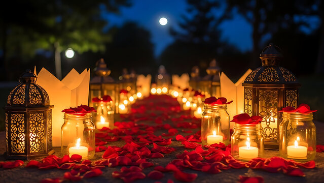 Romantic outdoor pathway with candles and red roses at night Ai Generated - Powered by Adobe