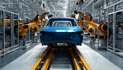 Fototapeta premium In automotive production AIpowered inspection captures a closeup of sensors evaluating car paint finish ensuring flawless exterior surface quality