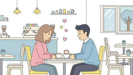 A cute cartoon illustration depicting a couple enjoying a romantic Valentine's Day date at a cozy cafe, showcasing their love and affection