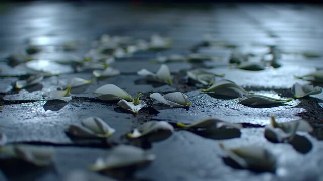 Elegant white petals fallen on wet surface, delicate flower petals, texture