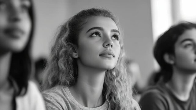 A young woman looking up with a thoughtful expression, suggesting focus or understanding in an educational setting.