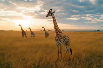 Group of giraffes standing in golden savanna grassland at sunset under a dramatic cloudy sky