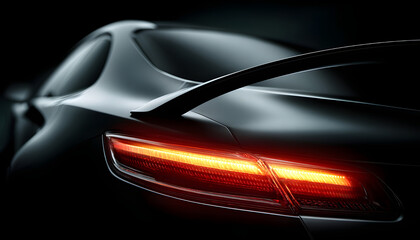 Naklejka premium Close up of a modern car's sleek design, highlighting the glowing brake light integrated into the rear spoiler. The smooth curves and reflective surfaces evoke a sense of speed and sophistication
