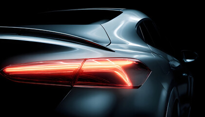 Naklejka premium Close up of a modern car's sleek design, highlighting the glowing brake light integrated into the rear spoiler. The smooth curves and reflective surfaces evoke a sense of speed and sophistication