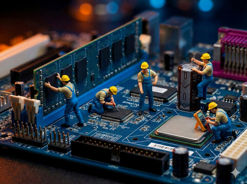 A close-up image of a blue computer motherboard features miniature workers posed as if repairing the electronic components.