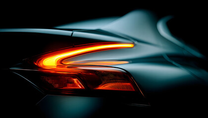 Close up of a modern car's sleek design, highlighting the glowing brake light integrated into the rear spoiler. The smooth curves and reflective surfaces evoke a sense of speed and sophistication